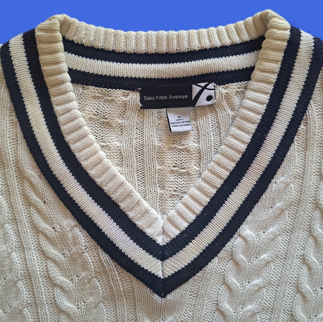 Y2K Vintage Saks 5th Avenue White & Navy Cable Knit Tennis Sweater