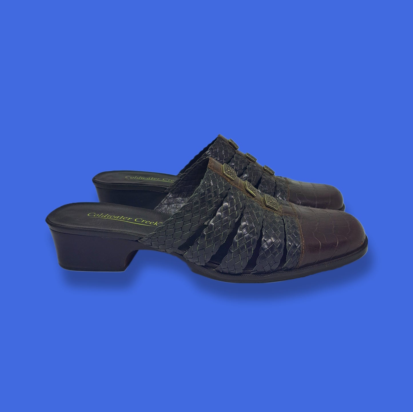 Vintage Chocolate and Black "Coldwater Creek" Mules