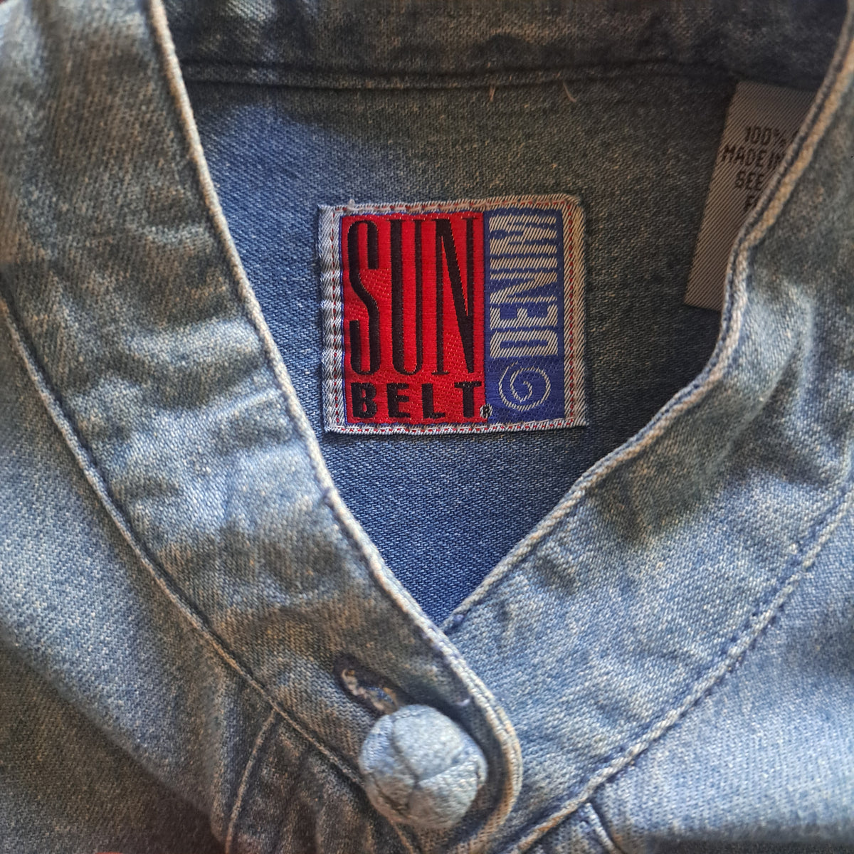 90's Vintage Sun Belt Blue Denim Chinese Knot Button-Up Shirt