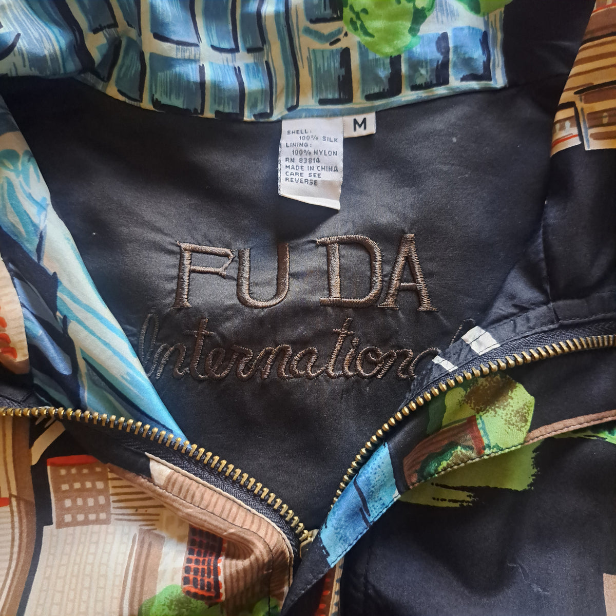 90's Vintage Fuda International NYC Landmark Graphic Silk Bomber Jacket