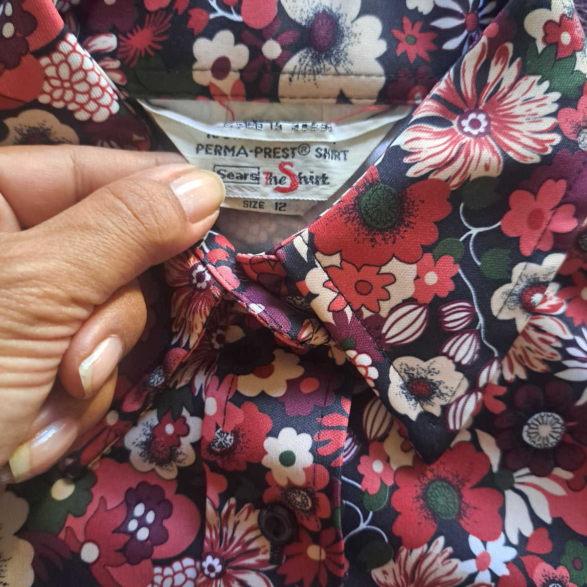 70's Vintage Sears Pink Green Floral Button-Up Blouse