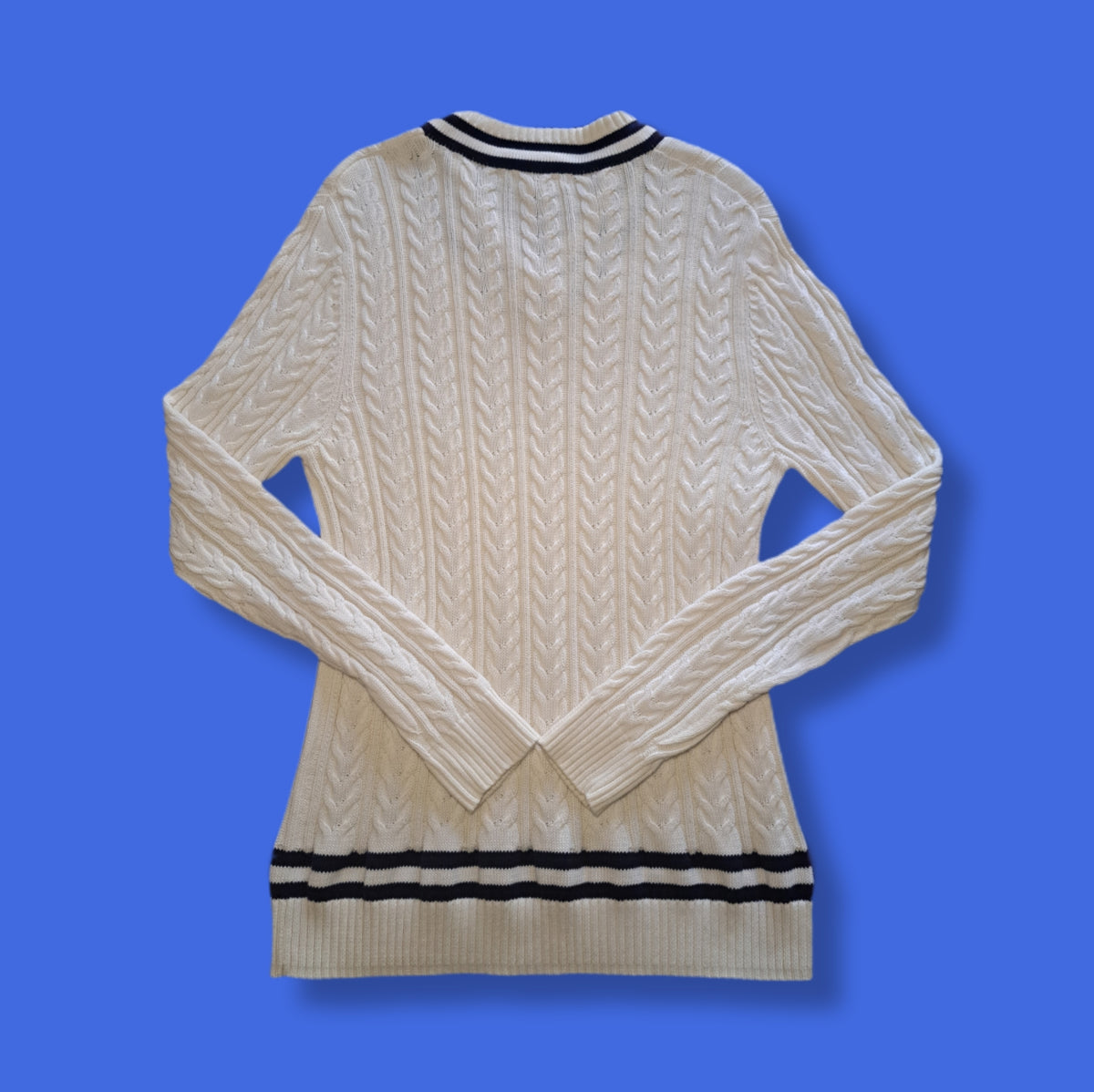 Y2K Vintage Saks 5th Avenue White & Navy Cable Knit Tennis Sweater