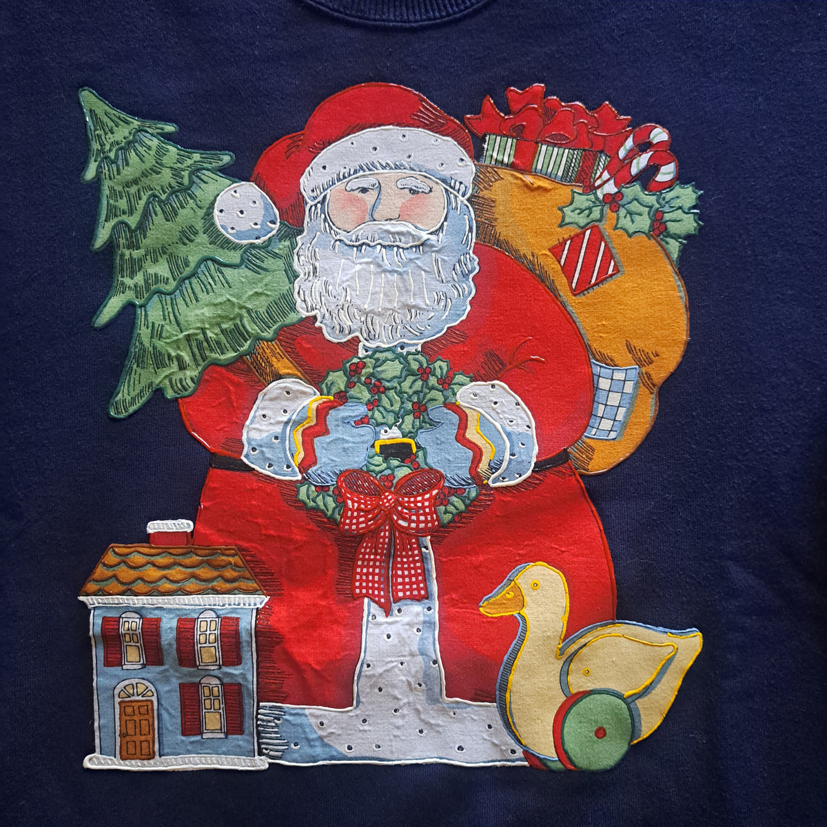 90's Vintage Russell Athletic Navy Blue Hand-Painted 3D Santa Sweatshirt