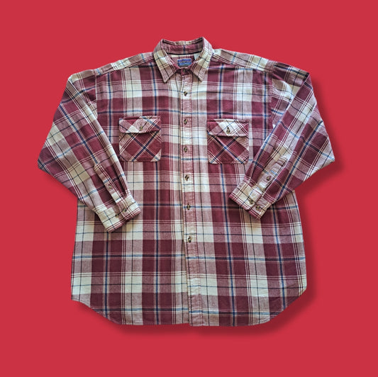 90's Vintage Red and Cream Heavyweight Plaid Flannel Shirt