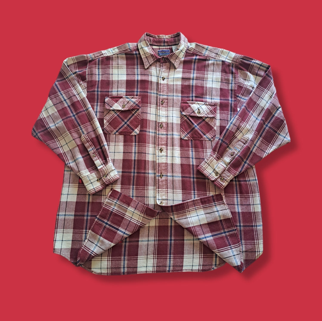 90's Vintage Red and Cream Heavyweight Plaid Flannel Shirt