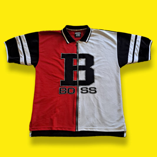 Vintage "Boss" Color Block Zip Up Polo Shirt