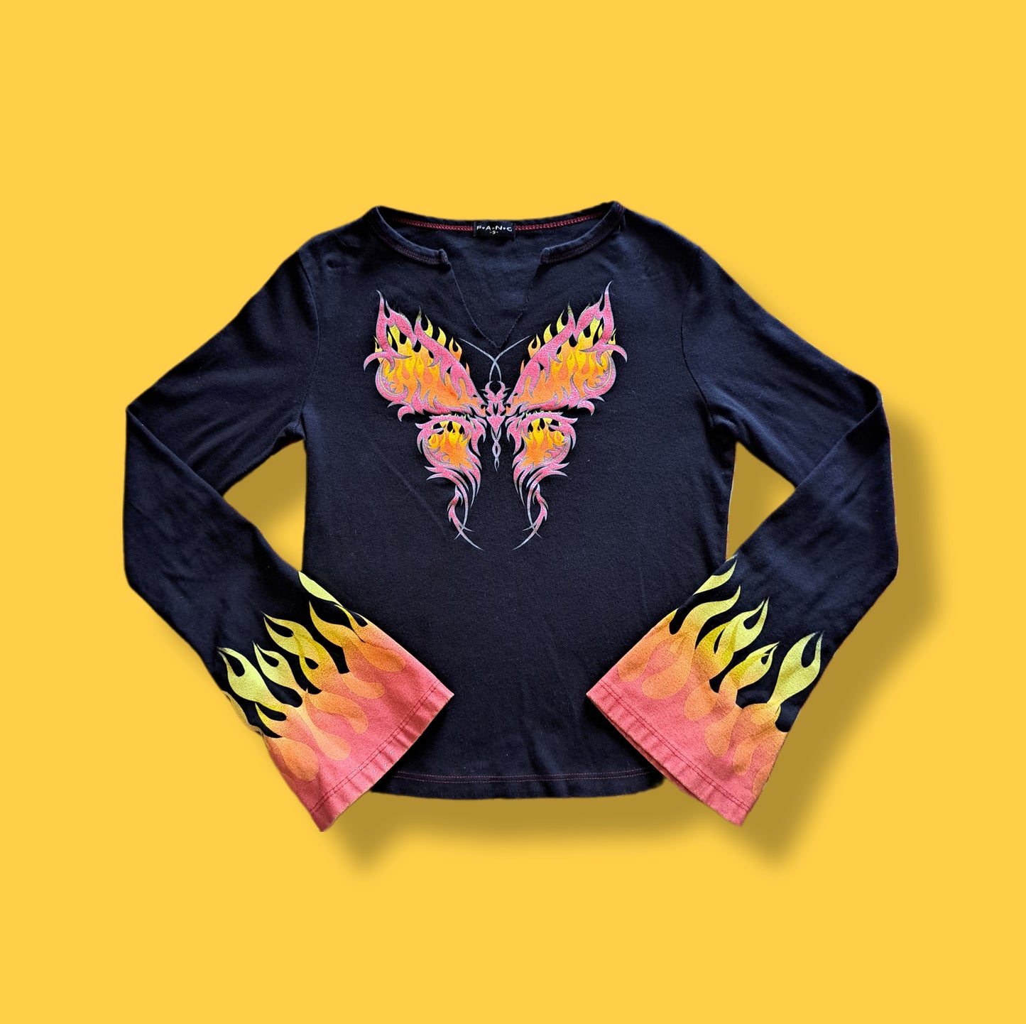 Vintage "Fang" Bell Sleeve Butterfly and Flames Top Shirt