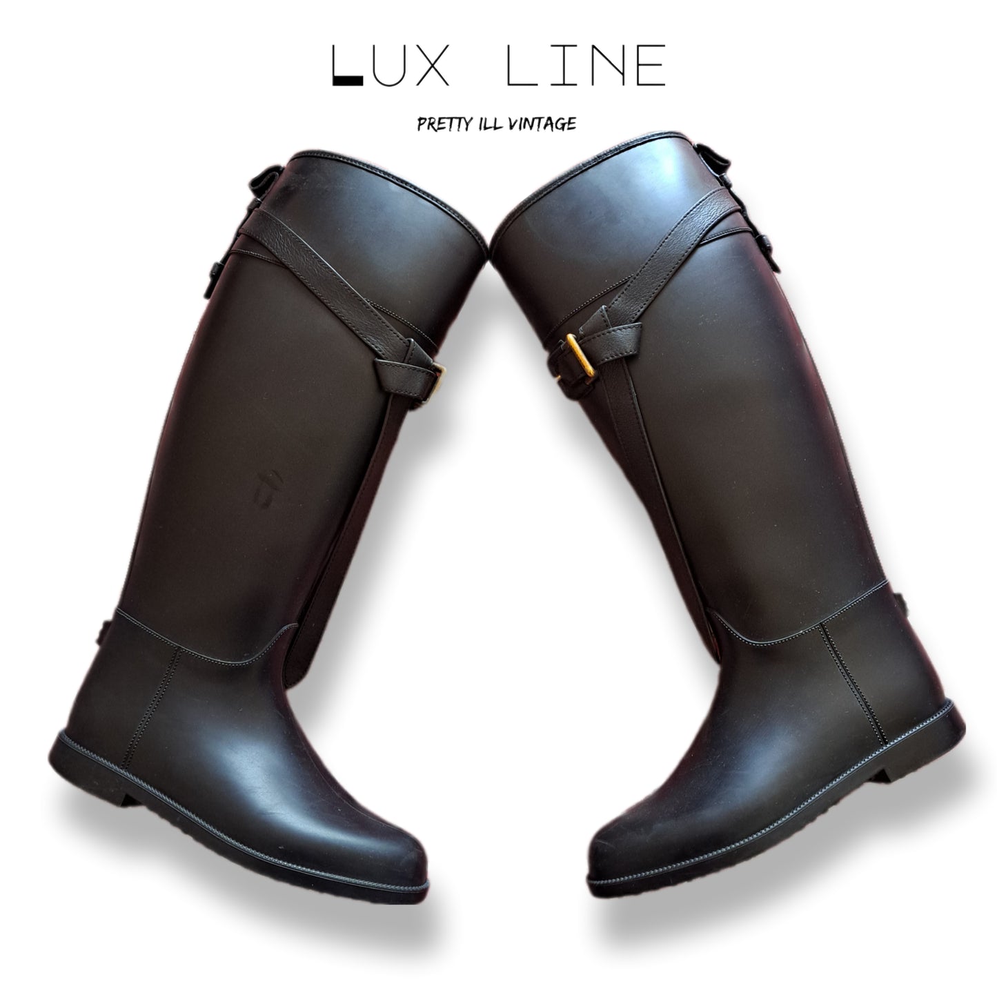 Modern Black "Burberry" Belted Rubber Rain Riding Equestrian Boots