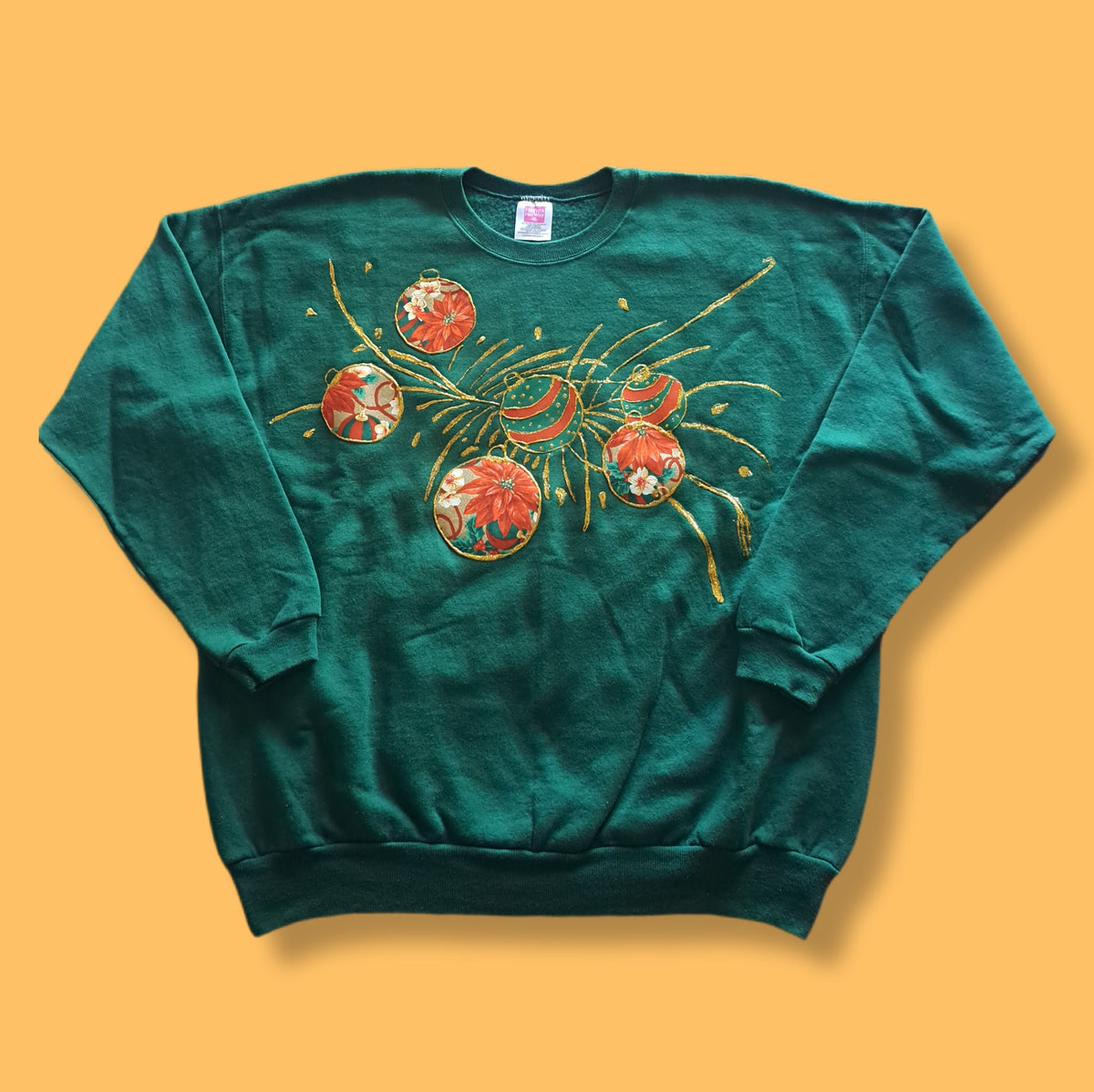 90's Vintage Green Hand-Painted Christmas Ornament Sweatshirt