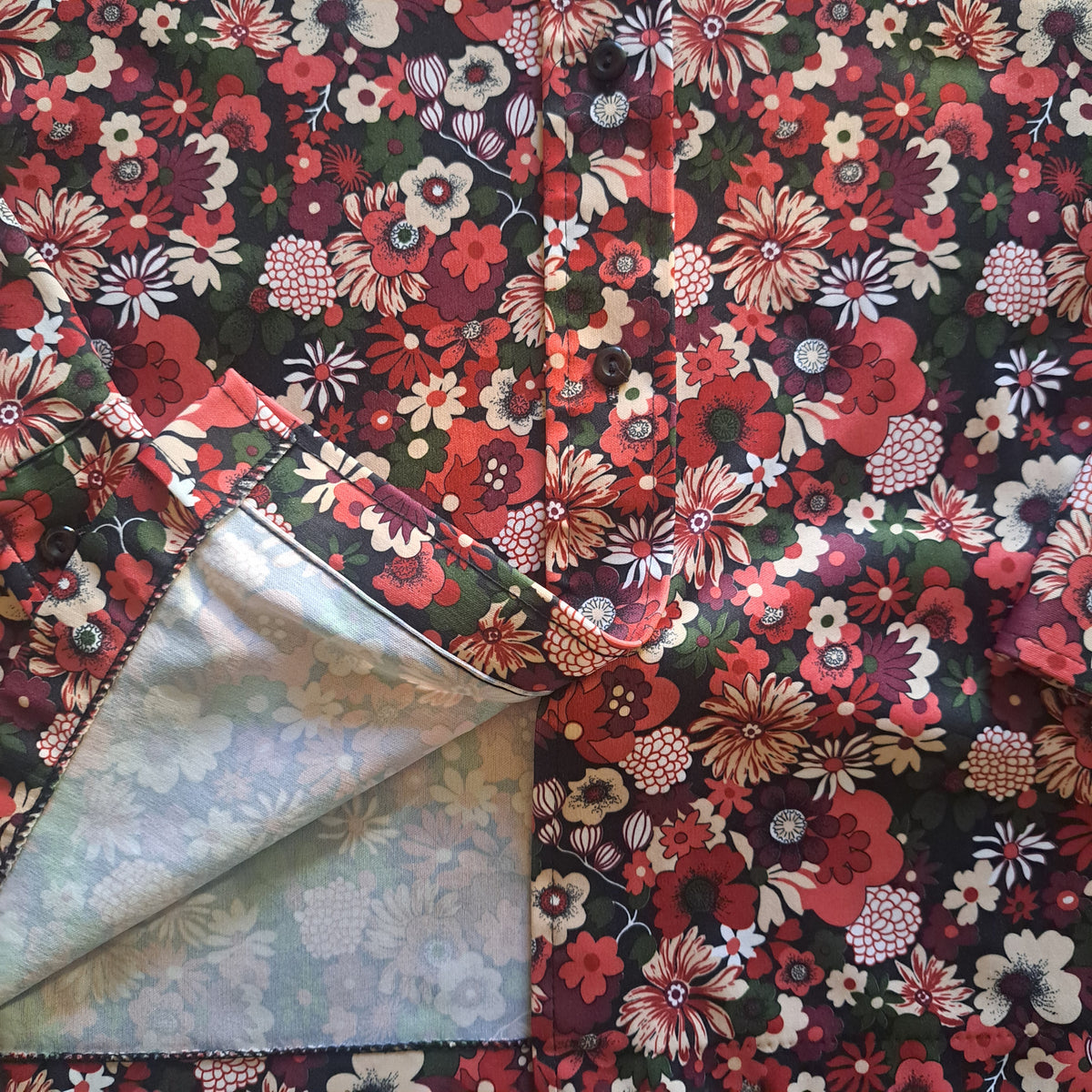 70's Vintage Sears Pink Green Floral Button-Up Blouse