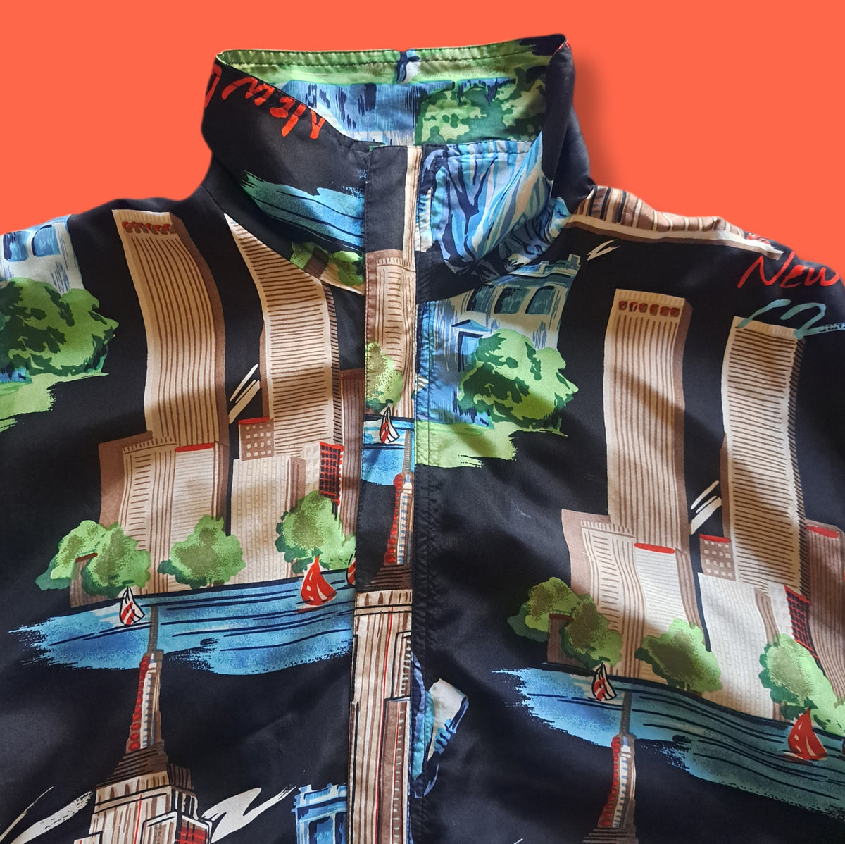 90's Vintage Fuda International NYC Landmark Graphic Silk Bomber Jacket