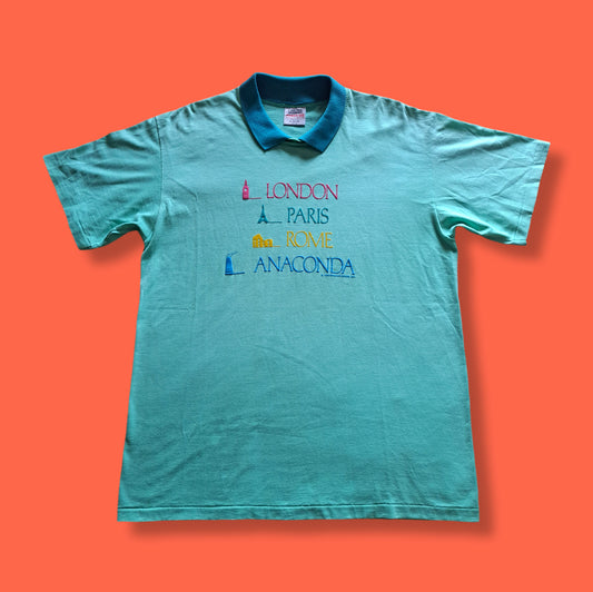 1989 Vintage Turquoise Collared Paris London Rome Destination Tee