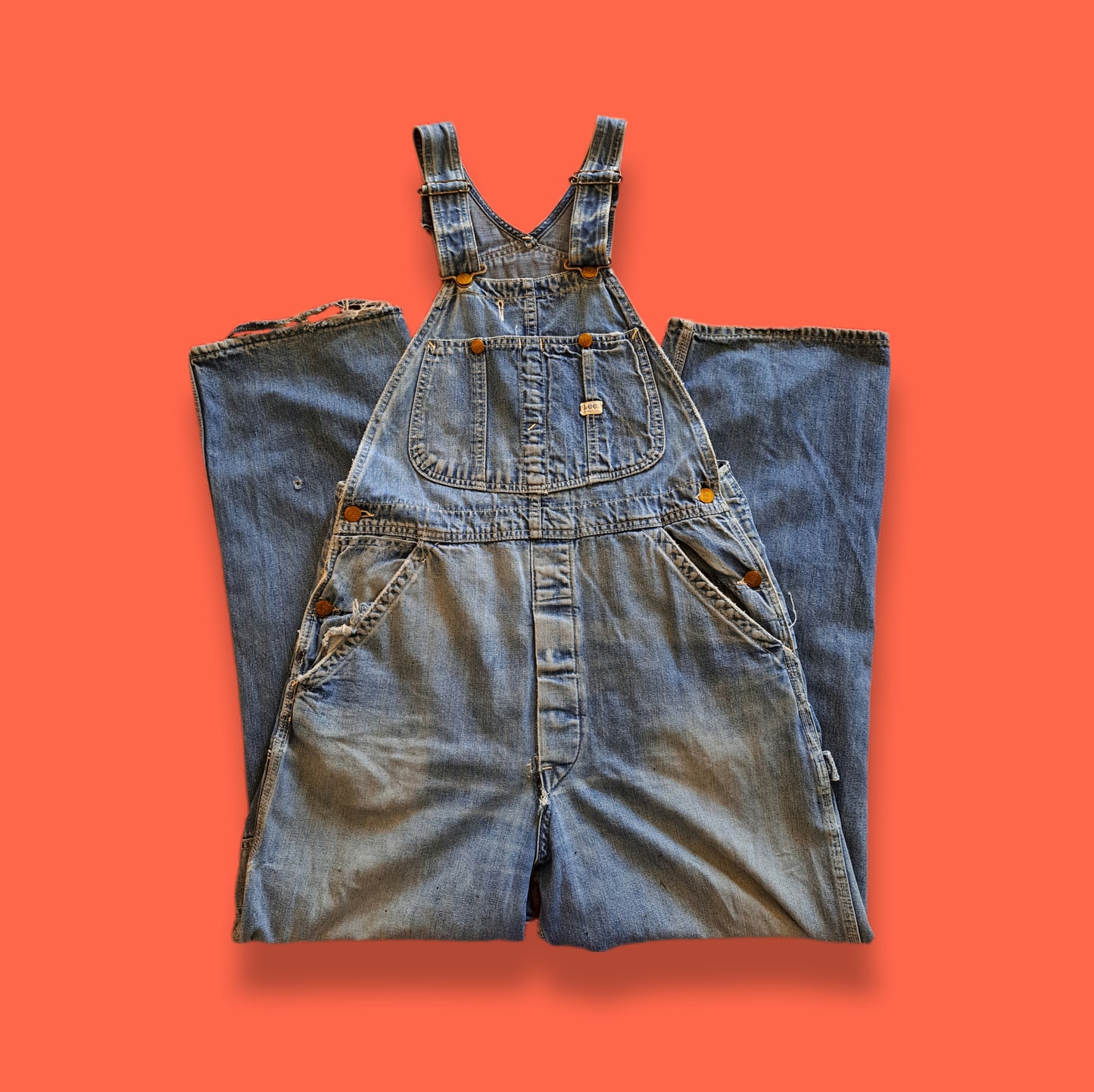 Vintage LEE Jelt Denim Sanforized Distressed Workwear Bibs Overalls Coveralls Dungarees