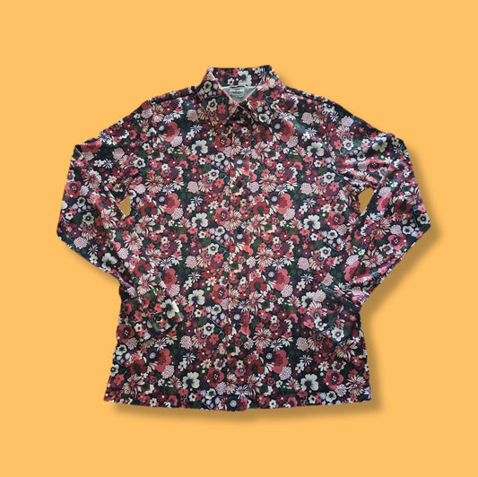 70's Vintage Sears Pink Green Floral Button-Up Blouse