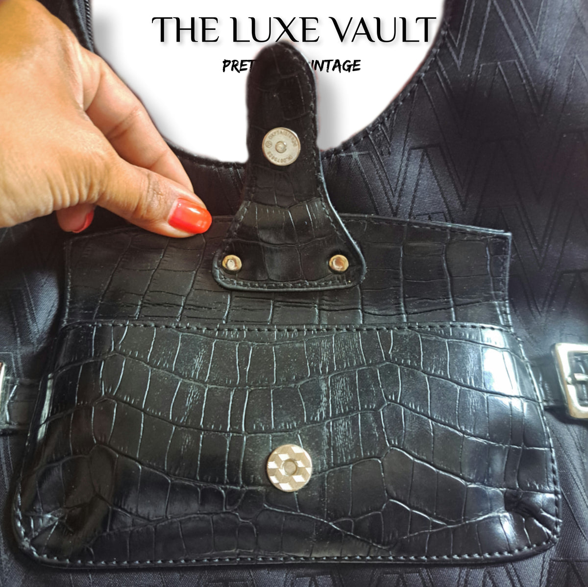 Y2K Vintage Mario Valentino Black Croc-Textured Leather Buckle Hobo Bag