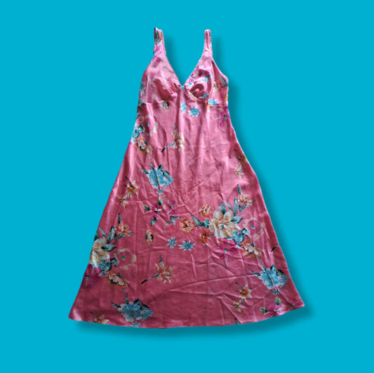 90's Vintage Jones New York Pink Floral Satin Midi Slip Dress | Barbiecore