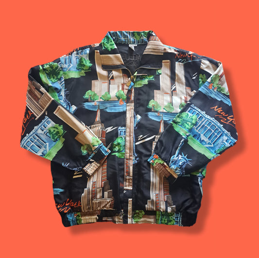 90's Fuda International NYC Landmark Graphic Silk Bomber Jacket