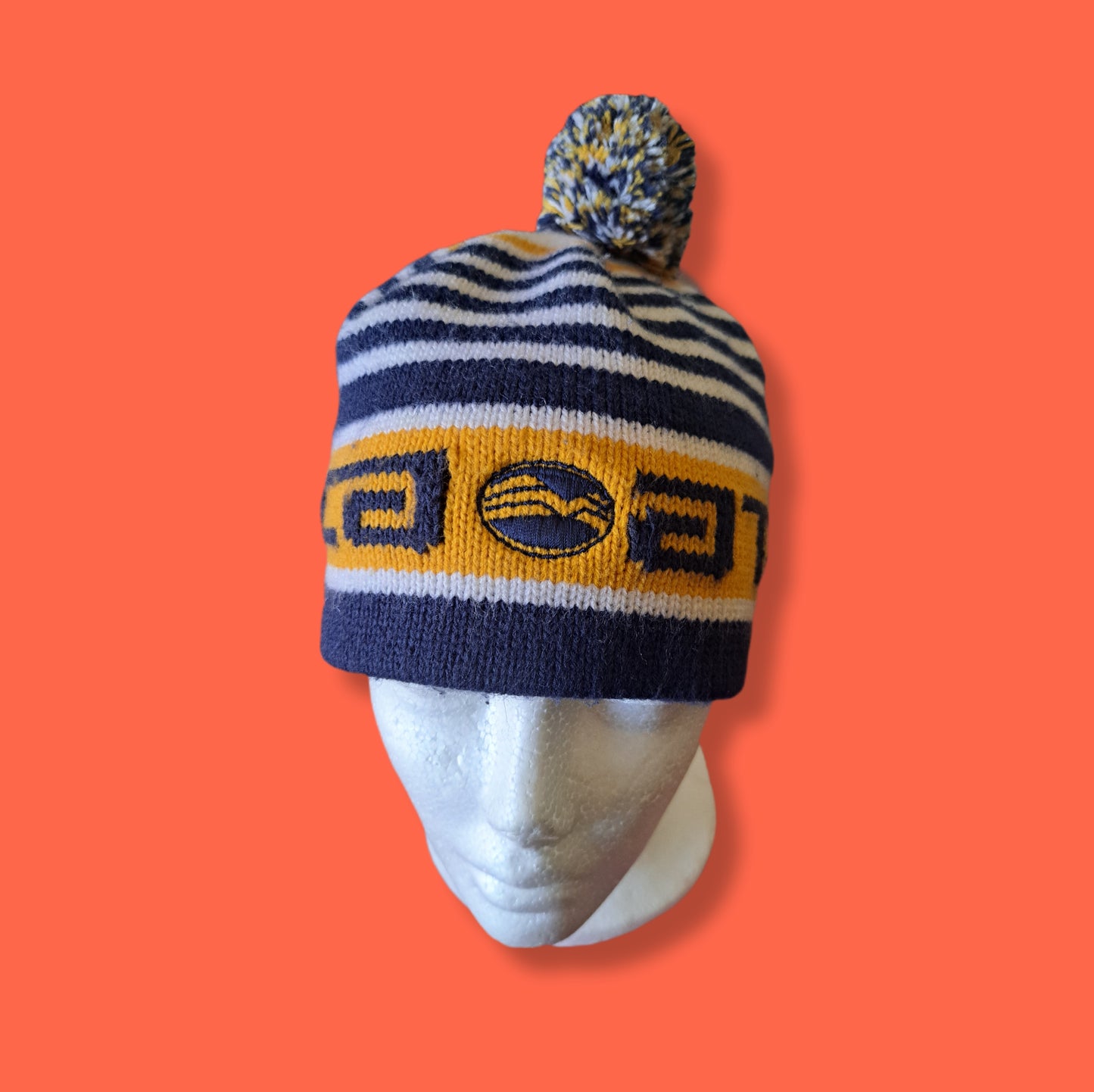 Y2K Mecca Athletic Striped Pom-Pom Beanie | Vintage Retro Sport Scully