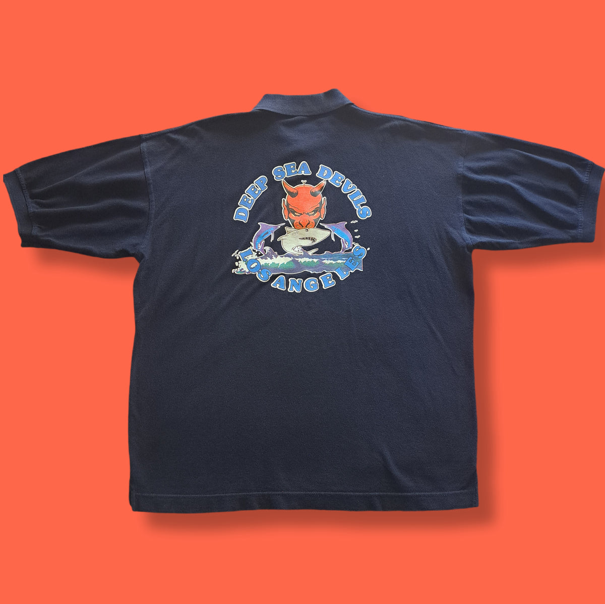 00's Vintage Deep Sea Devils Los Angeles Navy Blue Double Graphic Polo Shirt