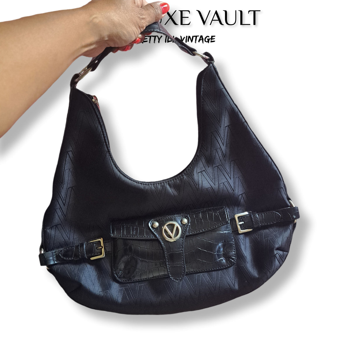 Y2K Vintage Mario Valentino Black Croc-Textured Leather Buckle Hobo Bag