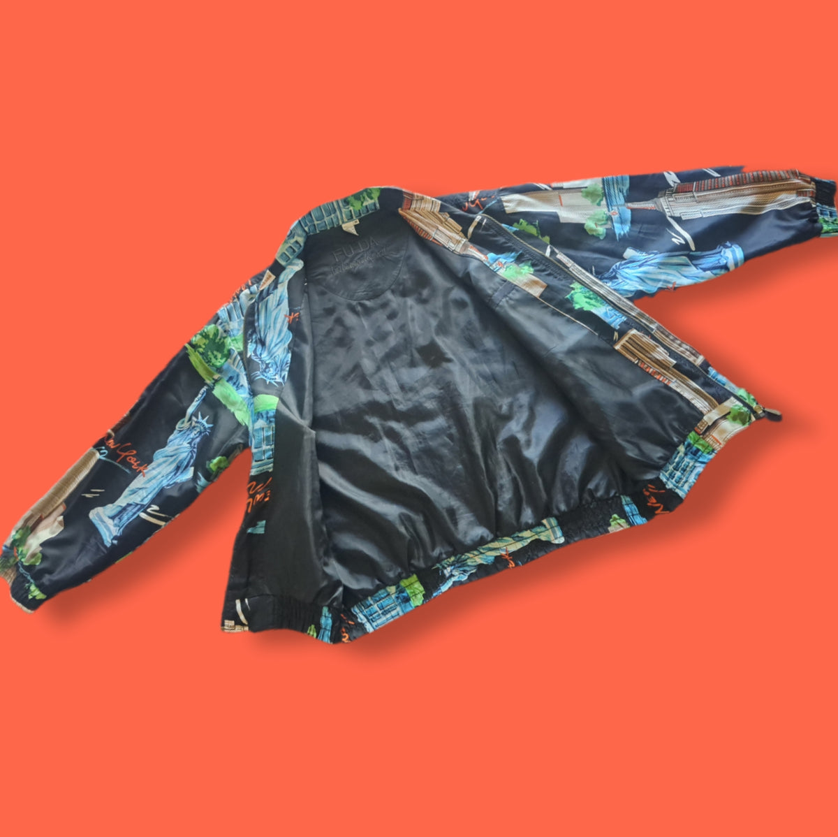 90's Vintage Fuda International NYC Landmark Graphic Silk Bomber Jacket