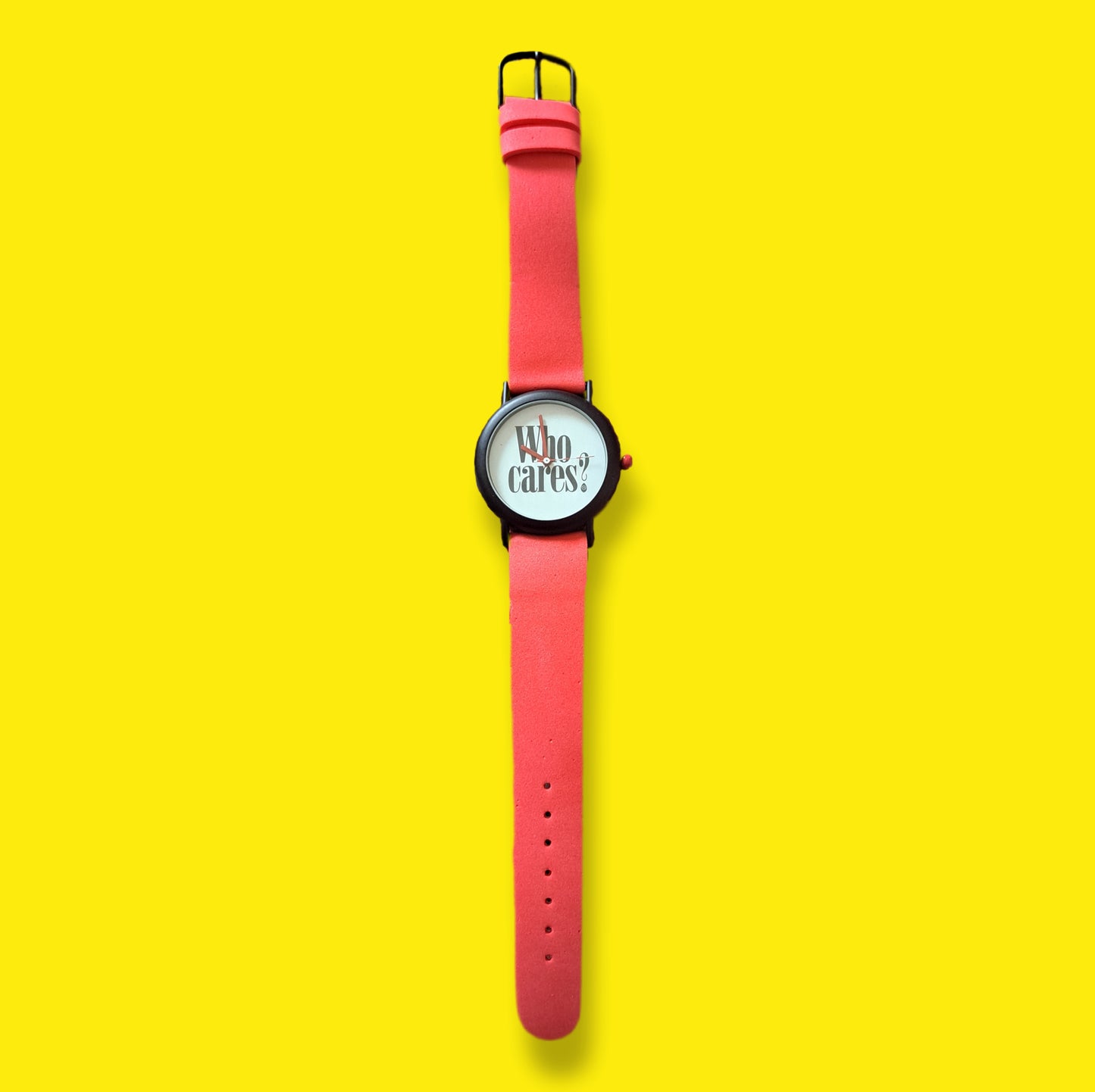 90's Red Black & White “Who Cares?” Wrist Watch | Vintage Statement Accessory