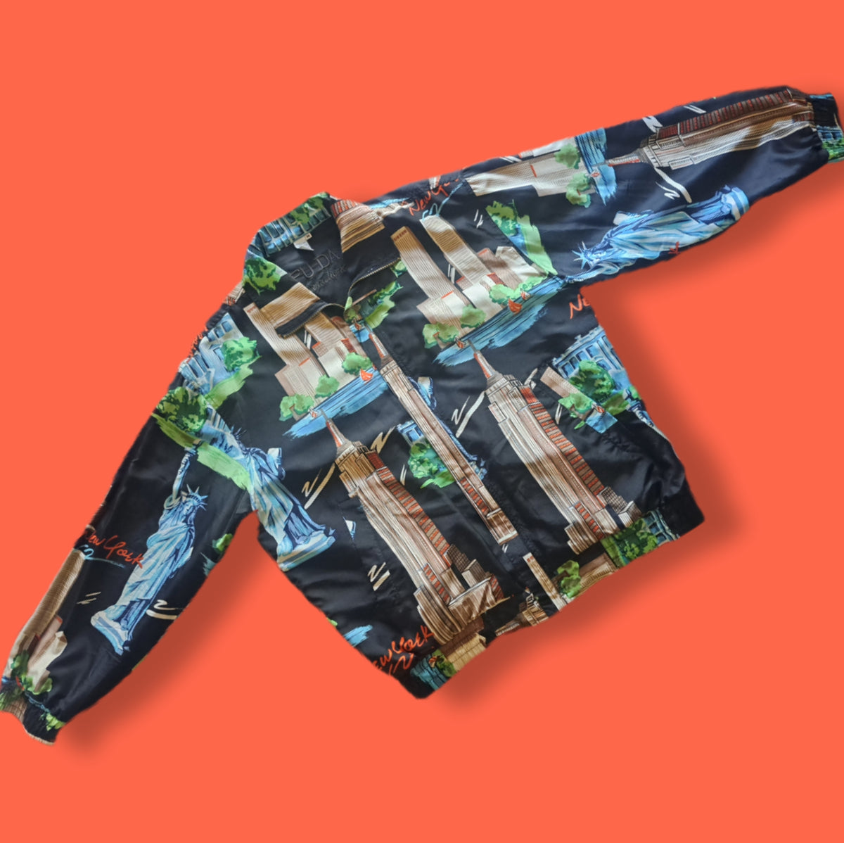 90's Vintage Fuda International NYC Landmark Graphic Silk Bomber Jacket