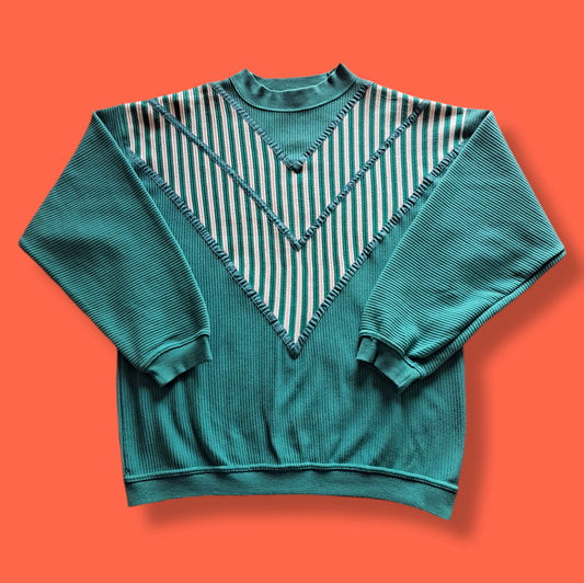 90's Green & White Chevron Stripe Sweatshirt | Vintage Retro Sport Pullover
