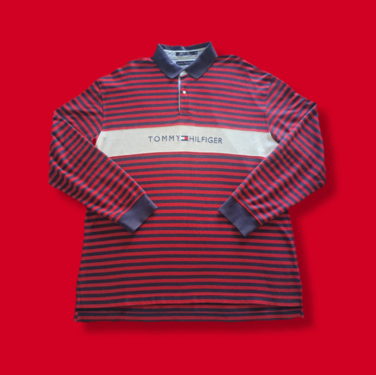 90's Vintage Tommy Hilfiger Red Navy Striped Spellout Rugby Polo Shirt