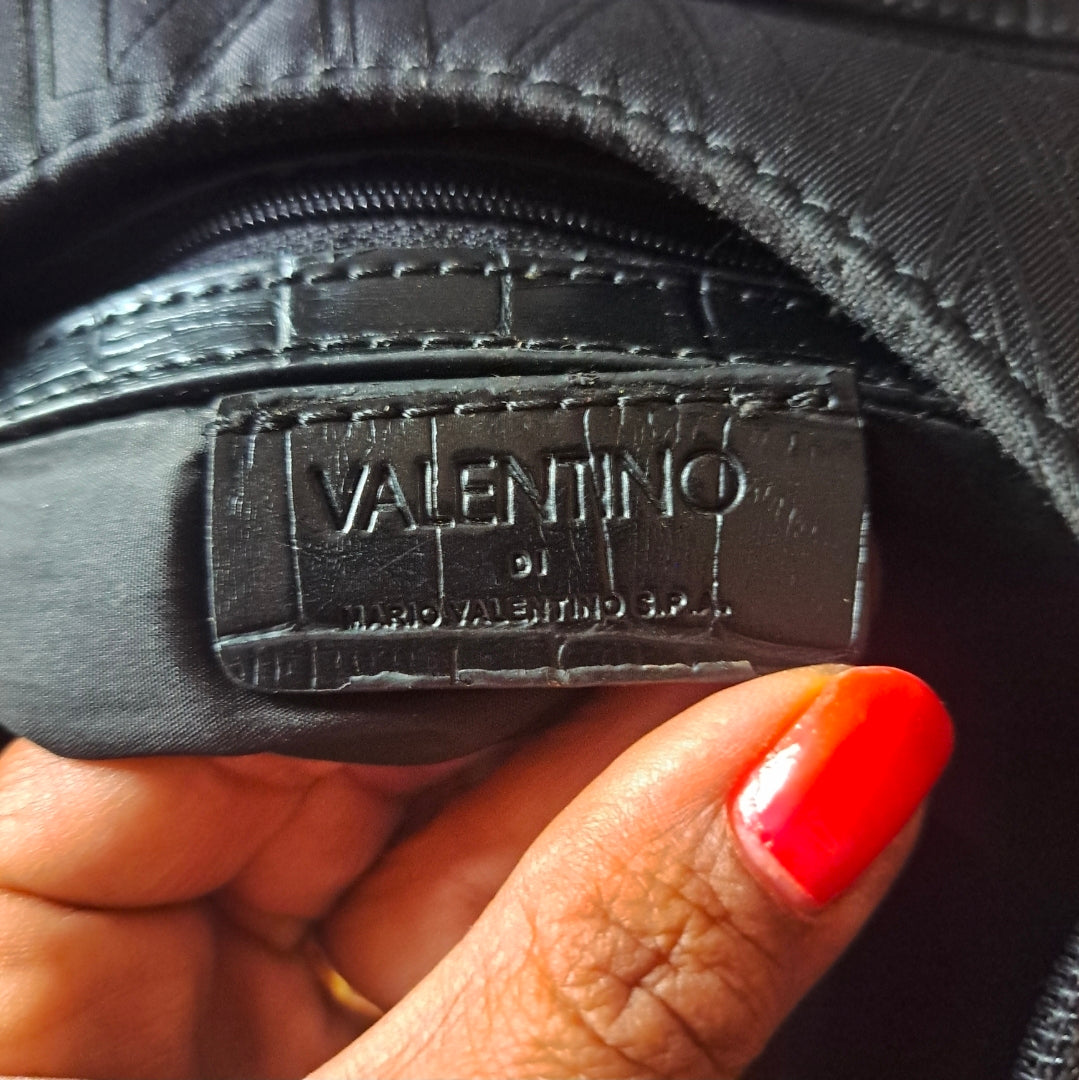 Y2K Vintage Mario Valentino Black Croc-Textured Leather Buckle Hobo Bag