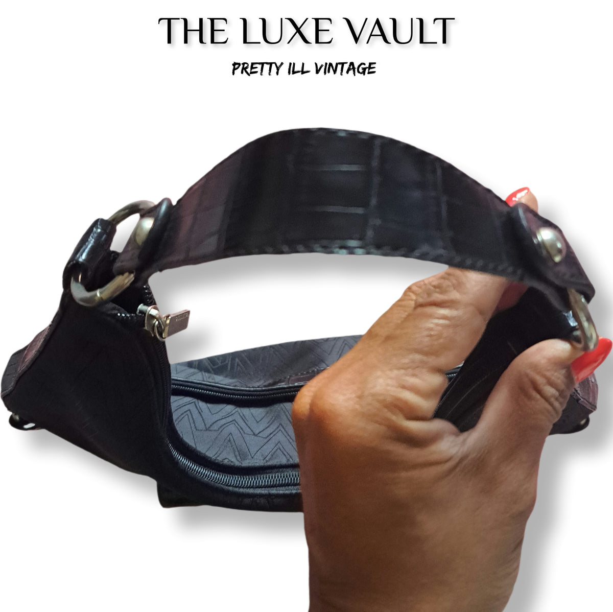 Y2K Vintage Mario Valentino Black Croc-Textured Leather Buckle Hobo Bag