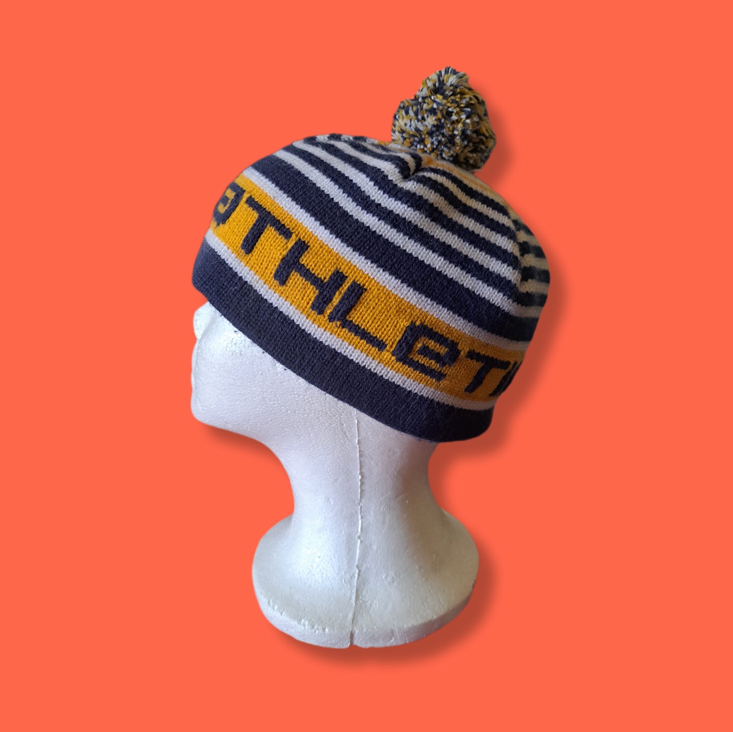 Y2K Mecca Athletic Striped Pom-Pom Beanie | Vintage Retro Sport Scully
