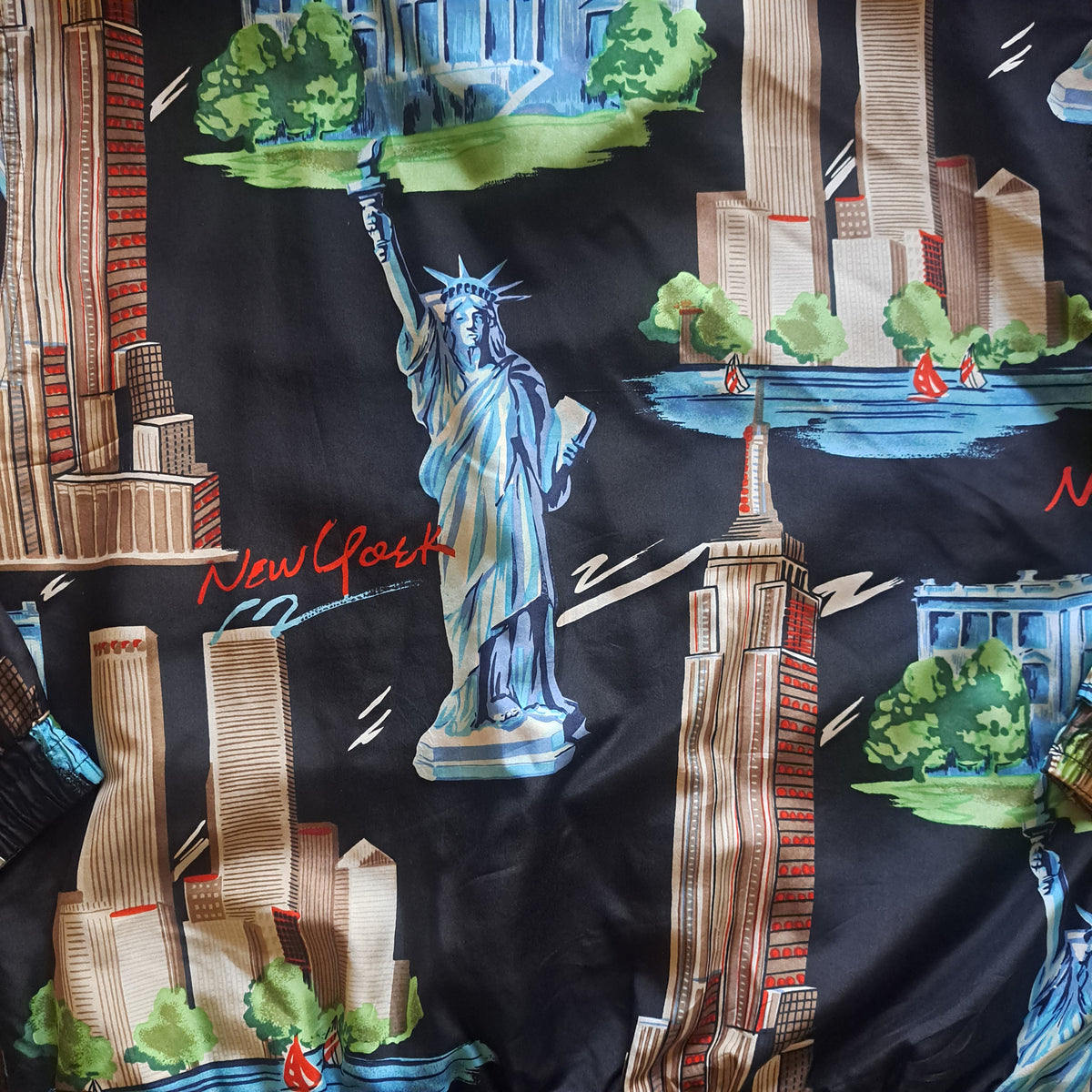 90's Vintage Fuda International NYC Landmark Graphic Silk Bomber Jacket