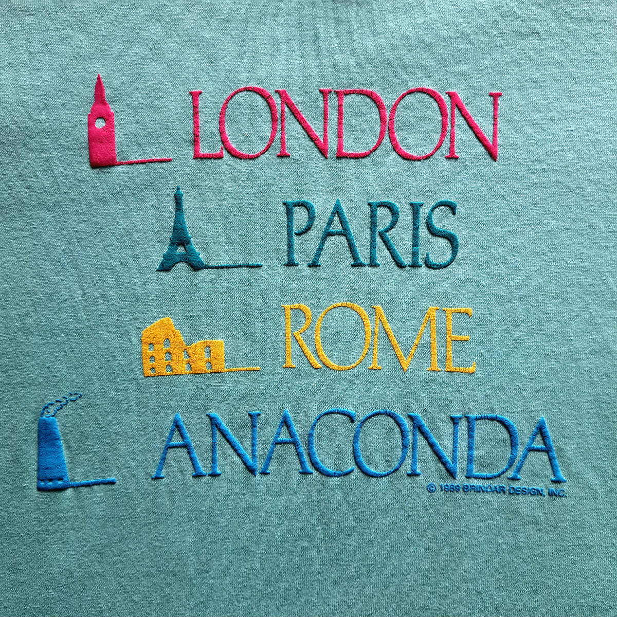 1989 Vintage Turquoise Collared Paris London Rome Destination Tee