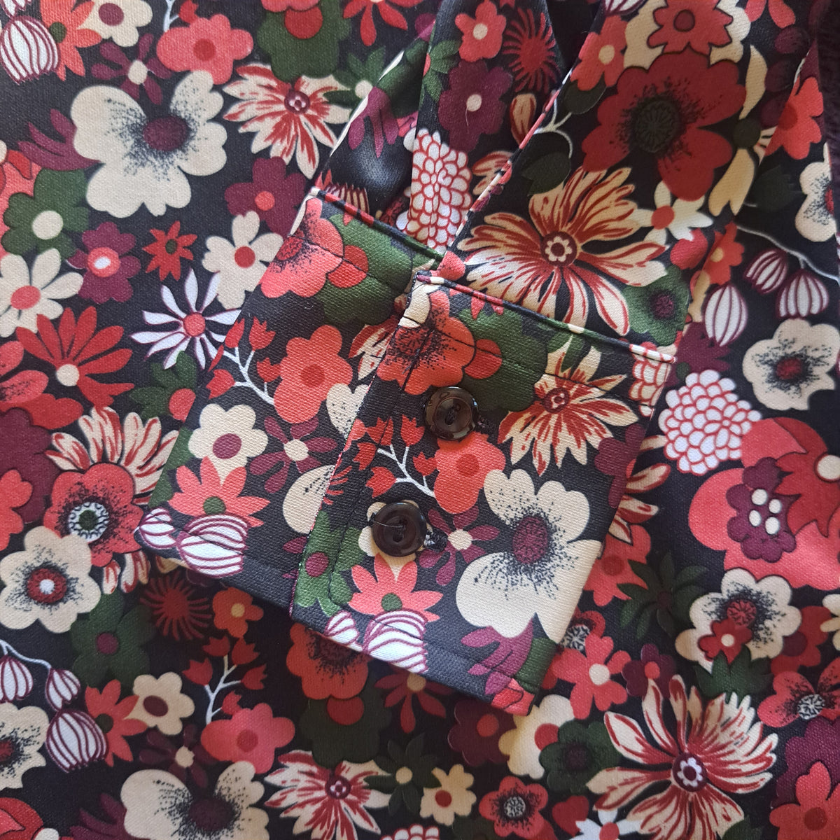 70's Vintage Sears Pink Green Floral Button-Up Blouse