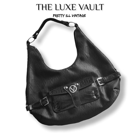 Y2K Vintage Mario Valentino Black Croc-Textured Leather Buckle Hobo Bag