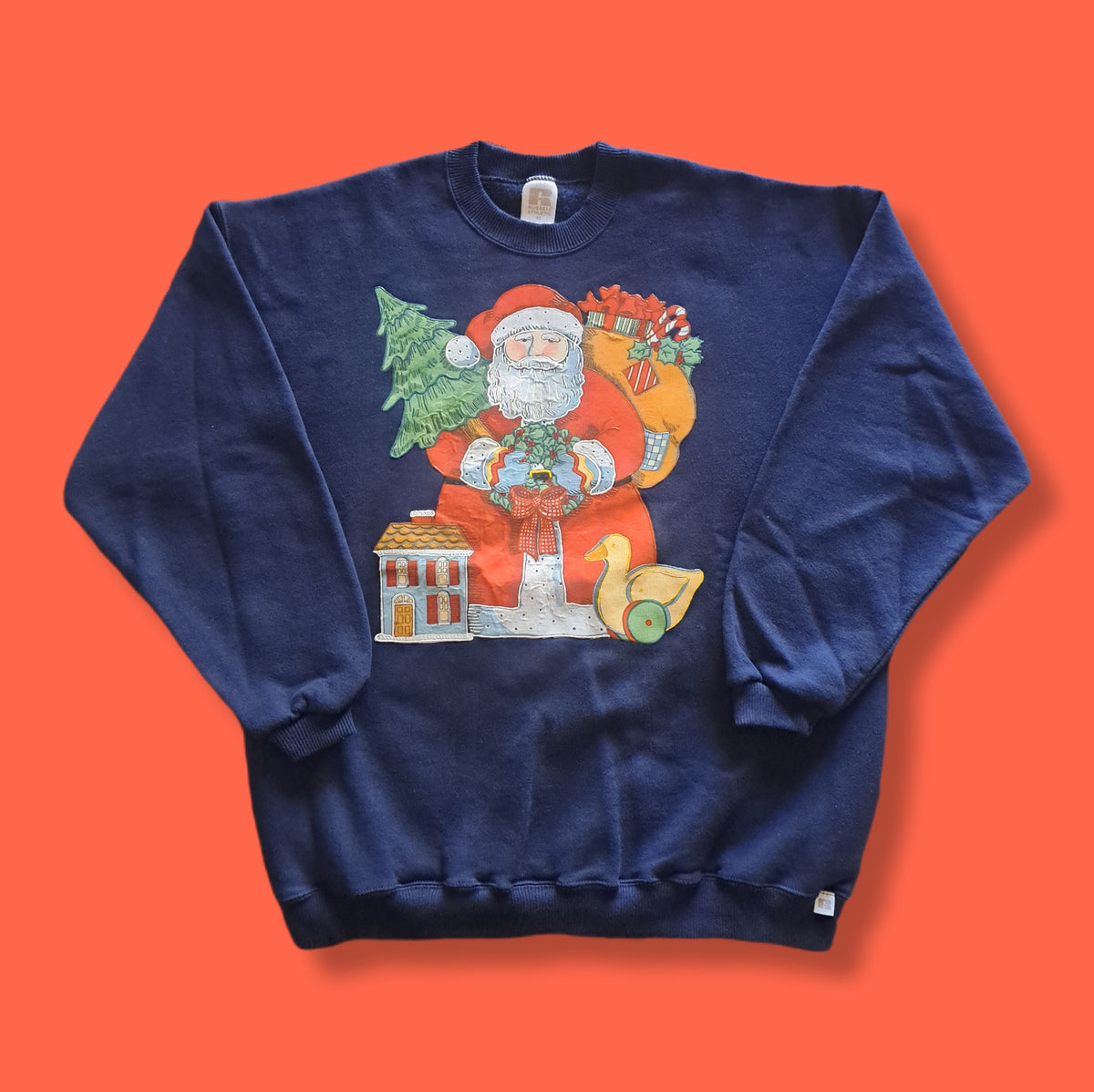 90's Vintage Russell Athletic Navy Blue Hand-Painted 3D Santa Sweatshirt