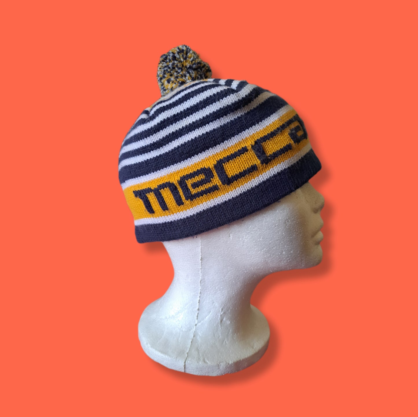 Y2K Mecca Athletic Striped Pom-Pom Beanie | Vintage Retro Sport Scully